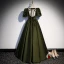 Vintage / Retro Satin Dark Green Prom Dresses 2022 A-Line / Princess Square Neckline Puffy Short Sleeve Backless Bow Sash Floor-Length / Long Formal Dresses