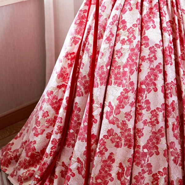 Elegant Red Printing Prom Dresses 2022 Square Neckline Puffy Short Sleeve Backless Floor-Length / Long Prom Formal Dresses