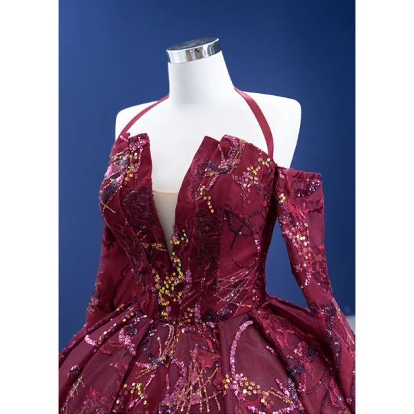 High-end Vintage / Retro Burgundy Handmade  Sequins Lace Flower Prom Dresses 2023 Ball Gown Halter 3/4 Sleeve Backless Chapel Train Formal Dresses