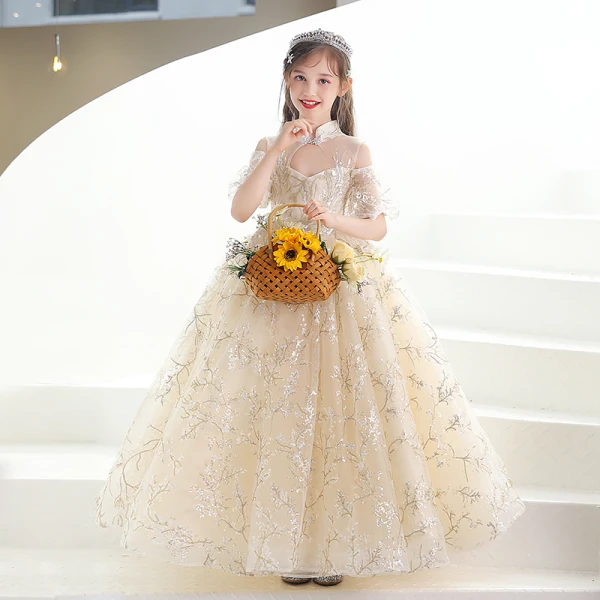 Fashion Champagne Lace Flower Sequins Birthday Flower Girl Dresses 2022 Ball Gown High Neck Short Sleeve Backless Floor-Length / Long Flower Girl Dresses