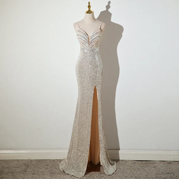 Sexy Argenté Bleu Marine Paillettes Robe De Soirée 2022 Trompette / Sirène Bretelles Spaghetti Sans Manches Dos Nu Fendue devant Longue Robe De Ceremonie