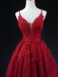 Sexy Burgundy Beading Sequins Lace Flower Evening Dresses 2023 A-Line / Princess Spaghetti Straps Sleeveless Backless Floor-Length / Long Evening Party Formal Dresses