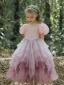Charmant Rougissant Rose Faux Diamant Paillettes Volants en Cascade Anniversaire Robe Ceremonie Fille 2023 Princesse Encolure Carrée Manches Courtes Thé Longueur Robe Ceremonie Fille