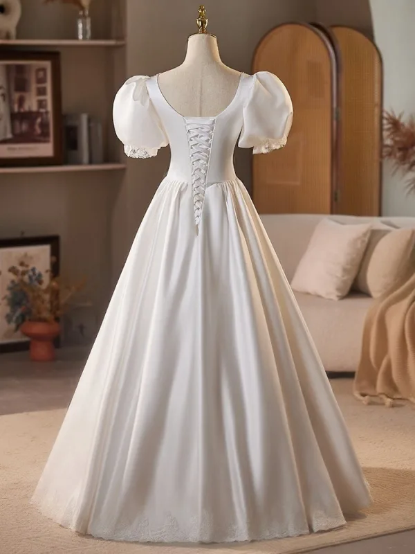 Vintage / Originale Blanche En Dentelle Fleur Satin Robe De Mariée 2025 Robe Boule V-Cou Gonflée Manches Courtes Dos Nu Longue