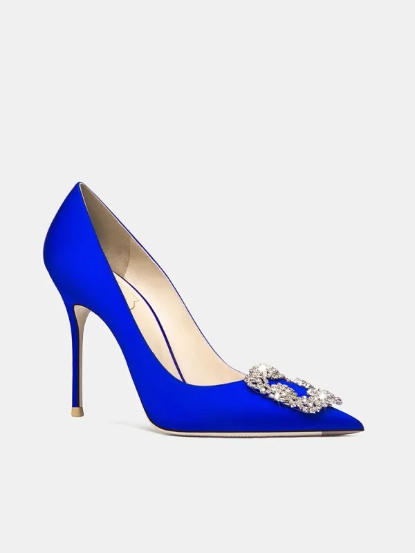 Elegant Royal Blue Satin Rhinestone Prom Pumps 2024 10 cm Stiletto Heels Pointed Toe Pumps High Heels