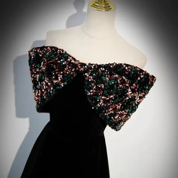 Elegante Schwarz Samt Pailletten Abendkleider 2023 A Linie Bandeau Ärmellos Rückenfreies Lange Abend Festliche Kleider