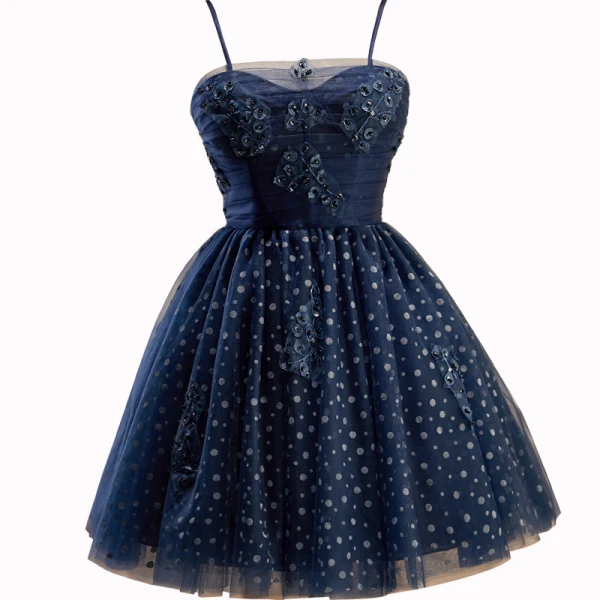 Sexy Navy Blue Beading Spotted Short Party Dresses 2023 Spaghetti Straps Sleeveless