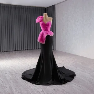 Haut De Gamme Fushia Faux Diamant Robe De Bal 2024 Trompette Sirène Une Épaule Appliques Sans Manches Dos Nu Longue Promo Robe De Ceremonie