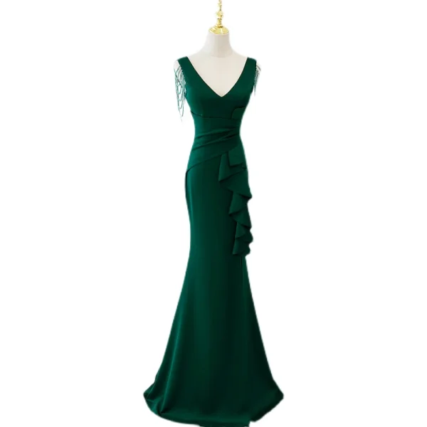 Chic / Beautiful Dark Green Satin Evening Dresses 2022 Trumpet / Mermaid V-Neck Sleeveless Beading Tassel Backless Floor-Length / Long Formal Dresses