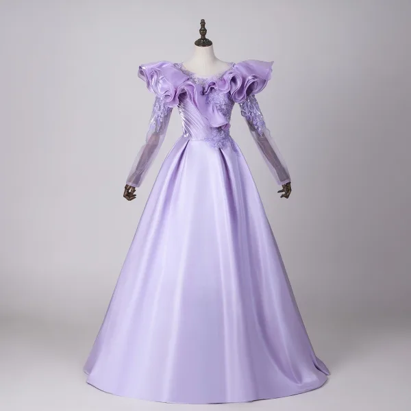 Vintage / Retro Lavender Beading Sequins Prom Dresses 2026 Ball Gown Scoop Neck Long Sleeve Backless Floor-Length / Long Prom Formal Dresses