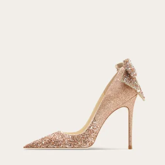 Brillante Champán Lentejuelas Bowknot Cuero Zapatos De Novia 2024 10 Cm Stilettos Tacones De Aguja Punta Estrecha Boda Tacones High Heels