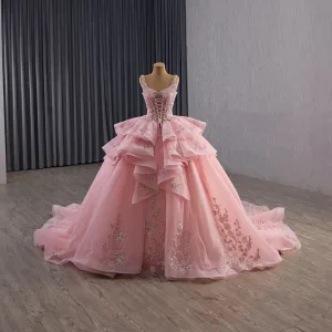 Luxury Gorgeous Candy Pink Handmade Beading Lace Flower Appliques Pearl Sequins Corset Prom Dresses 2025 Ball Gown V Neck Sleeveless
