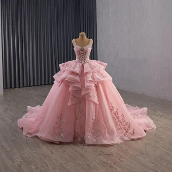 Luxe Rose Bonbon Fait Main Perlage En Dentelle Fleur Appliques Perle Paillettes Corset Robe De Bal 2025 Robe Boule V Cou Sans Manches