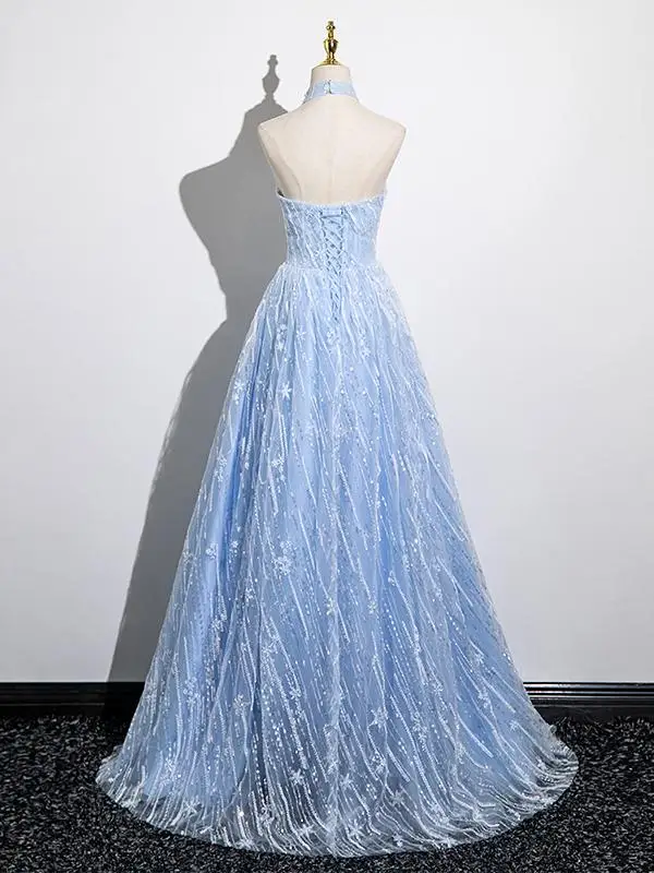 Bling Bling Himmelblau Perlenstickerei Pailletten Ballkleider 2025 A Linie Neckholder Ärmellos Rückenfreies Lange Ball Festliche Kleider