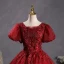 Bling Bling Burgundy Sequins Lace Flower Prom Dresses 2023 Square Neckline Puffy Short Sleeve Backless Floor-Length / Long Prom Formal Dresses
