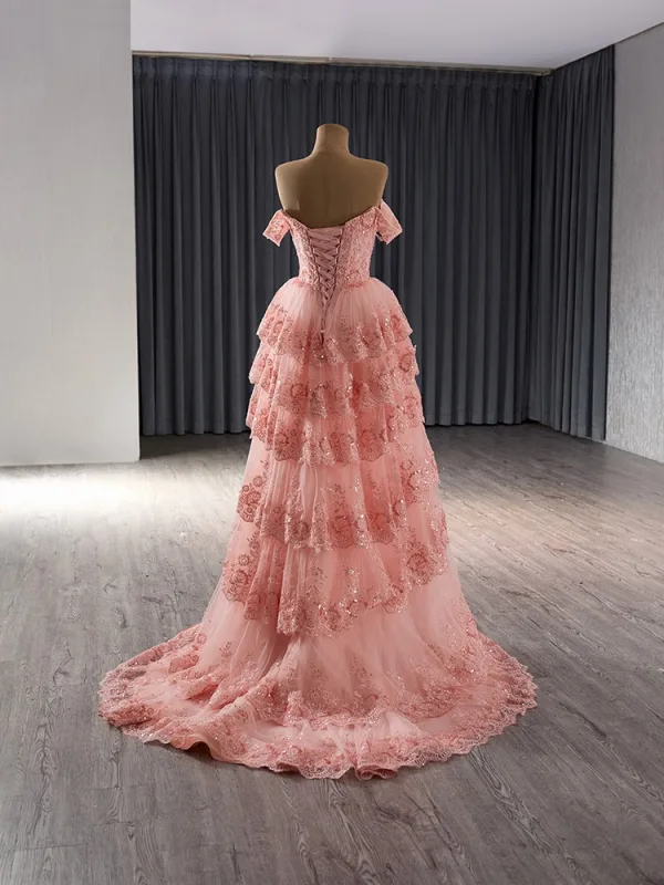 Haut de Gamme Rougissant Rose En Dentelle Fleur Paillettes Volants en Cascade Robe De Bal 2024 Robe Boule De l'épaule Manches Courtes Dos Nu Train De Balayage Promo Robe De Ceremonie
