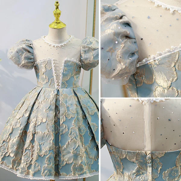 Fashion Sky Blue Star Sequins Birthday Flower Girl Dresses 2022 A-Line / Princess Scoop Neck Pearl Puffy Short Sleeve Floor-Length / Long Flower Girl Dresses