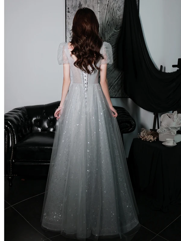 Bling Bling Grey Sequins Prom Dresses 2023 A-Line / Princess V-Neck Short Sleeve Backless Floor-Length / Long Prom Formal Dresses