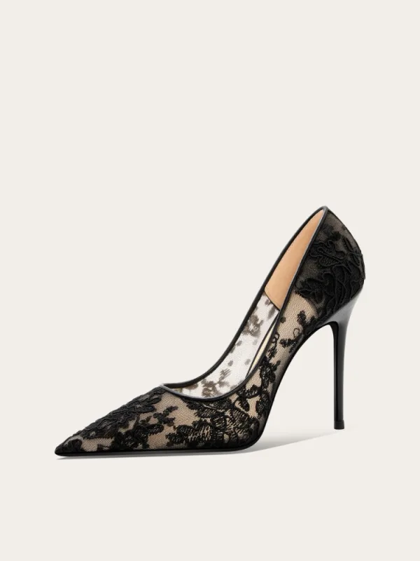 Charmant Zwarte Kant Bloem Gala Pumps 2025 Leer 10 cm Naaldhakken / Stiletto Spitse Neus Pumps Hoge Hakken