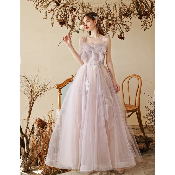 Chic / Beautiful Lavender Beading Appliques Prom Dresses 2022 A-Line / Princess Spaghetti Straps Sleeveless Backless Floor-Length / Long Formal Dresses