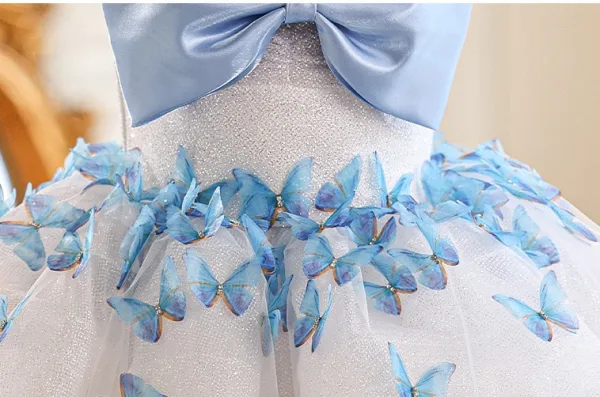 Fashion White Butterfly Appliques Birthday Short Flower Girl Dresses 2025 Ball Gown Spaghetti Straps Sleeveless Backless Bow Tulle