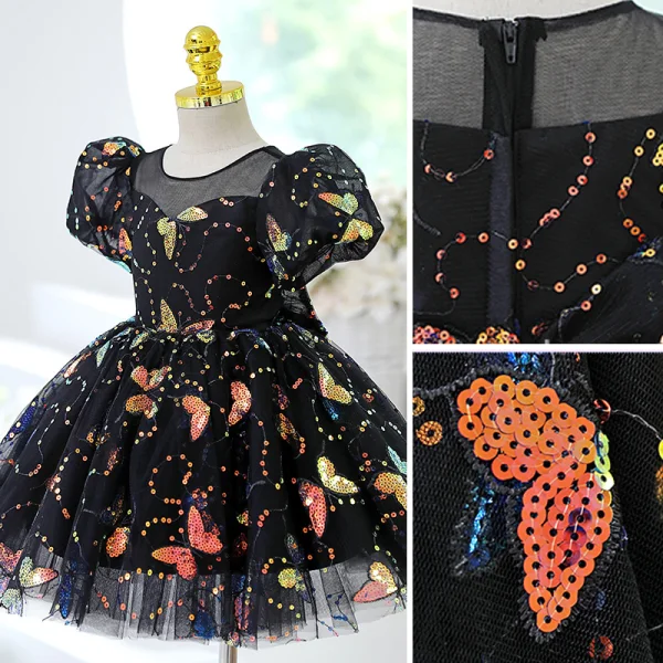 Chic / Belle Noire Papillon Paillettes Anniversaire Robe Ceremonie Fille 2023 Encolure Dégagée Manches Courtes Courte Robe Ceremonie Fille