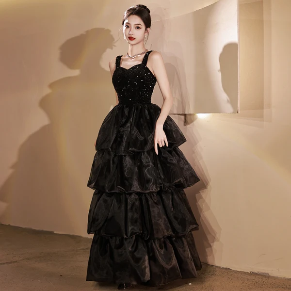 Charmant Rougissant Rose Volants en Cascade Paillettes Robe De Bal 2023 Princesse Bretelles Spaghetti Sans Manches Dos Nu Longue Robe De Ceremonie