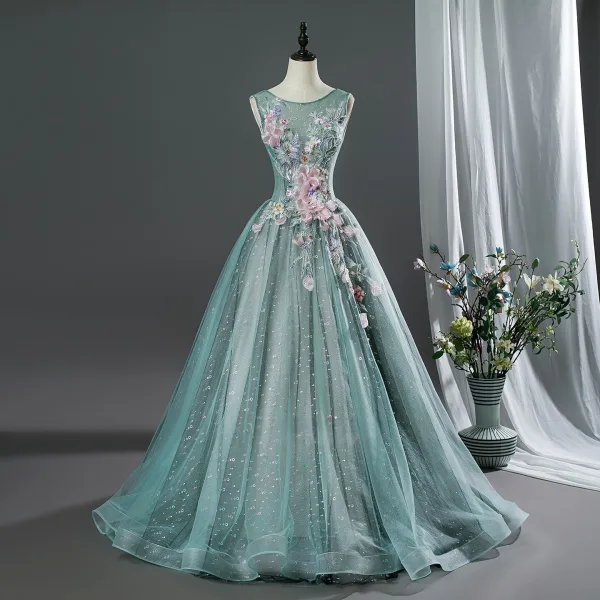 Vintage / Retro Mint Green Beading Appliques Prom Dresses 2026 Ball Gown Scoop Neck Sleeveless Backless Floor-Length / Long Formal Dresses