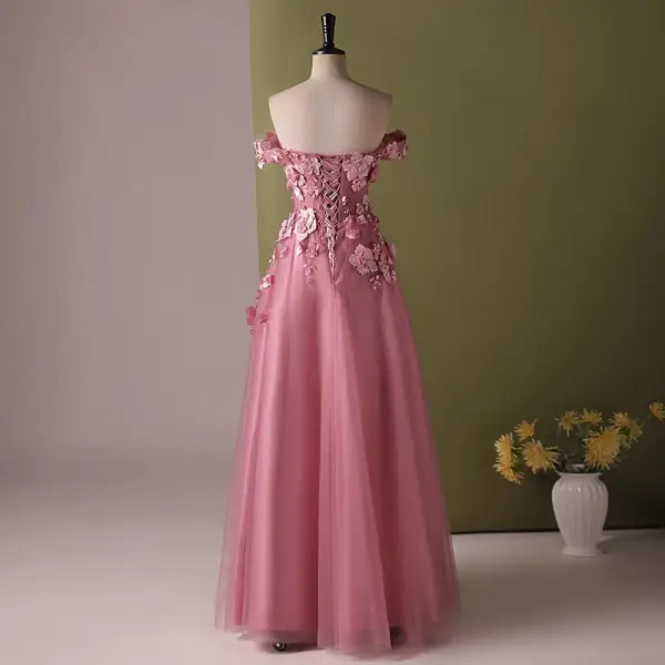Chic / Beautiful Blushing Pink Pearl Appliques Prom Dresses 2024 A-Line / Princess Off-The-Shoulder Sleeveless Backless Floor-Length / Long Prom Formal Dresses