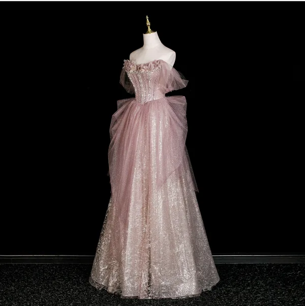 Scintillantes Haut de Gamme Rougissant Rose Faux Diamant Paillettes Robe De Soirée 2025 Princesse Bustier Sans Manches Dos Nu Longue Soirée Robe De Ceremonie