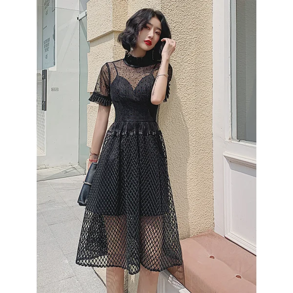 Chic / Beautiful Black Spotted Pierced Party Dresses Cocktail Party 2022 A-Line / Princess High Neck Short Sleeve Floor-Length / Long Formal Dresses