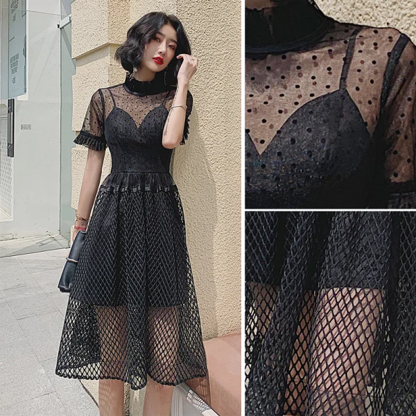 Chic / Beautiful Black Spotted Pierced Party Dresses Cocktail Party 2022 A-Line / Princess High Neck Short Sleeve Floor-Length / Long Formal Dresses