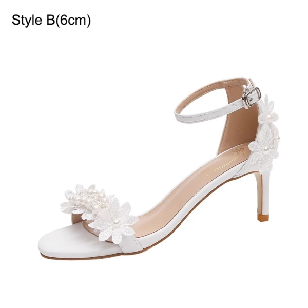 Sexy White Pearl Lace Flower Wedding Shoes 2023 Ankle Strap 9 cm Stiletto Heels Open / Peep Toe Wedding Sandals High Heels