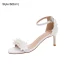 Sexy White Pearl Lace Flower Wedding Shoes 2023 Ankle Strap 9 cm Stiletto Heels Open / Peep Toe Wedding Sandals High Heels