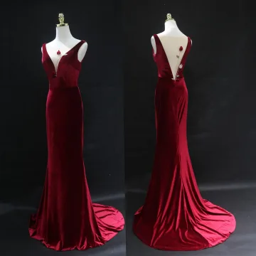 Sexy Bordeaux Velours Robe De Soirée 2025 Trompette Sirène V Cou Sans Manches Dos Nu Longue Soirée Robe De Ceremonie