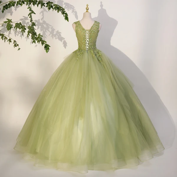 Elegant Sage Green Sequins Lace Flower Prom Dresses 2023 Ball Gown Scoop Neck Sleeveless Backless Floor-Length / Long Prom Formal Dresses