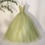 Elegant Sage Green Sequins Lace Flower Prom Dresses 2023 Ball Gown Scoop Neck Sleeveless Backless Floor-Length / Long Prom Formal Dresses