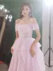 Modest / Simple Lavender Lace Flower Prom Dresses A-Line / Princess 2023 Off-The-Shoulder Sleeveless Backless Floor-Length / Long Tulle Prom Formal Dresses