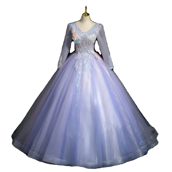 Chic / Beautiful Lavender Beading Sequins Appliques Prom Dresses 2023 Ball Gown V-Neck Long Sleeve Backless Floor-Length / Long Prom Formal Dresses