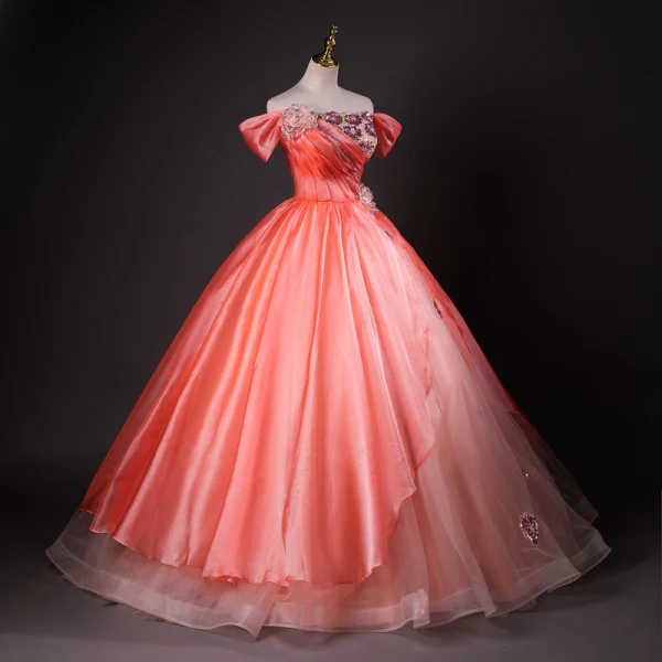 Elegant Watermelon Beading Appliques Sequins Prom Dresses 2024 Ball Gown Off-The-Shoulder Sleeveless Backless Floor-Length / Long Prom Formal Dresses
