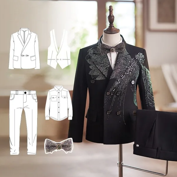 Black 5-piece Rhinestone Long Sleeve Wedding Boys Wedding Suits 2025 Coat Pants Shirt Tie Vest