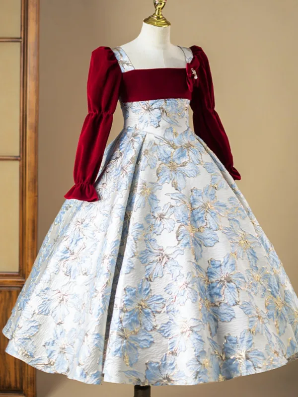 Chic / Beautiful Burgundy Printing Birthday Flower Girl Dresses 2025 Ball Gown Square Neckline Long Sleeve Backless Floor-Length / Long