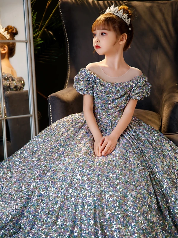 Sparkly Multi-Colors Sequins Birthday Flower Girl Dresses 2024 Ball Gown Scoop Neck Short Sleeve Floor-Length / Long
