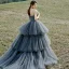 Classic Grey Cascading Ruffles Lace Flower Prom Dresses 2022 A-Line / Princess Spaghetti Straps Sleeveless Backless Sweep Train Prom Formal Dresses