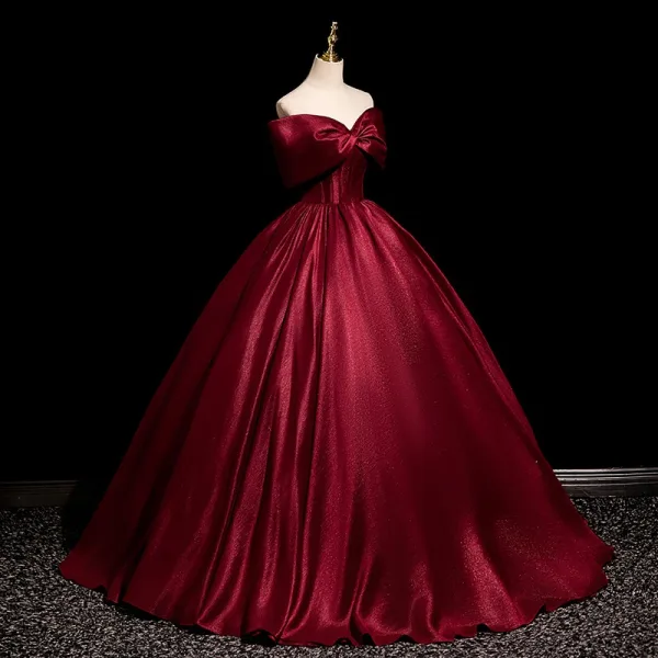 Elegant Burgundy Prom Dresses 2025 Ball Gown Bow Off-The-Shoulder Short Sleeve Backless Floor-Length / Long Prom Formal Dresses