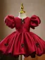 Chic / Beautiful Burgundy Satin Bow Short Birthday Flower Girl Dresses 2023 Ball Gown Scoop Neck Puffy Short Sleeve