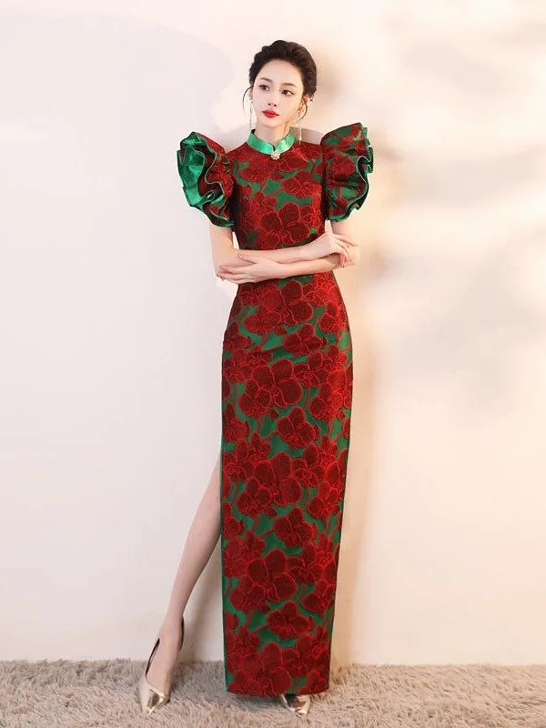 Vintage Czerwone Druk Długie Wieczorowe Cheongsam 2026 Syrena / Rozkloszowane Wysokiej Szyi Bufiasta Kótkie Rękawy