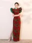 Vintage Czerwone Druk Długie Wieczorowe Cheongsam 2026 Syrena / Rozkloszowane Wysokiej Szyi Bufiasta Kótkie Rękawy