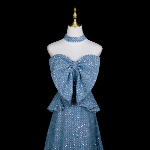 Scintillantes Bleu Ciel Paillettes Soirée Robe De Fete 2025 Princesse Noeud Bustier Sans Manches Dos Nu Longue Robe De Ceremonie
