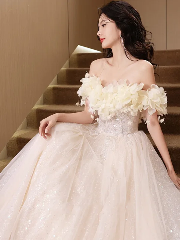 Fashion Candy Pink Appliques Sequins Prom Dresses 2025 A-Line / Princess Off-The-Shoulder Short Sleeve Backless Floor-Length / Long Prom Formal Dresses